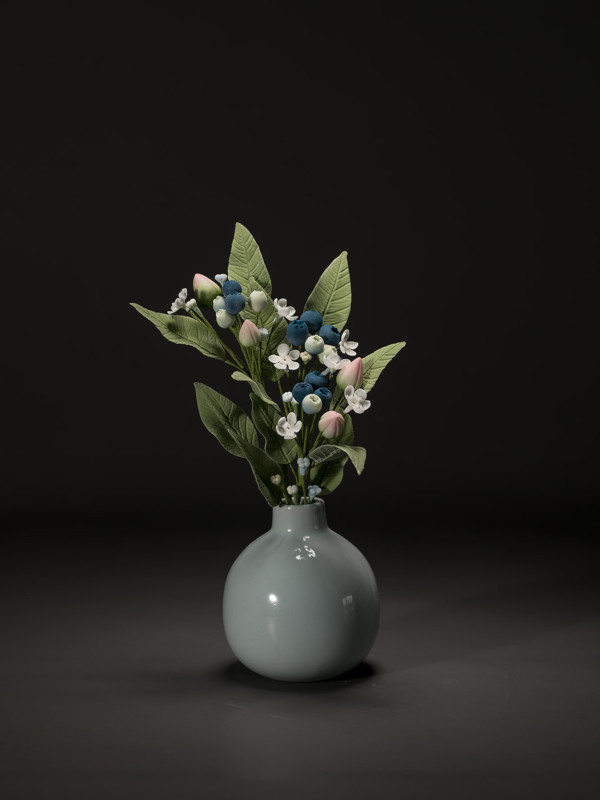 blueberries, with white and pink filler flowers